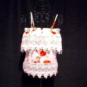 NWOT Lace, strapless, white with Red Rose shirt